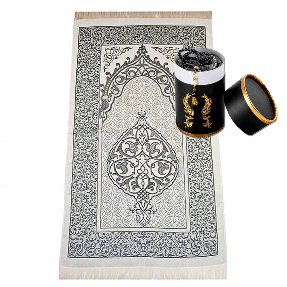 Gebetsteppich Taftstoff Grau 65 x 110 cm mit Geschenkbox und 99er Gebetskette – klassisches Set für Gebet & Besinnung