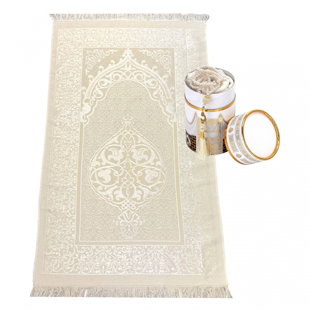 Gebetsteppich Taftstoff Weiß 65 x 110 cm mit Geschenkbox und 99er Gebetskette – elegantes Geschenk für Gebet und Reise