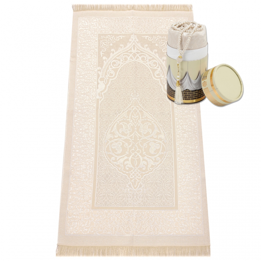 Gebetsteppich Taftstoff Creme 65 x 110 cm mit Geschenkbox und 99er Gebetskette – edles Design für Zuhause und unterwegs