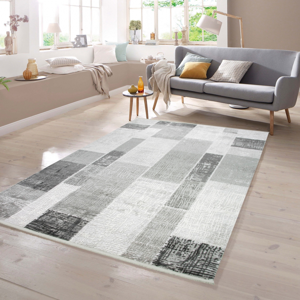 Designer Teppich Wolle in Grau Creme
