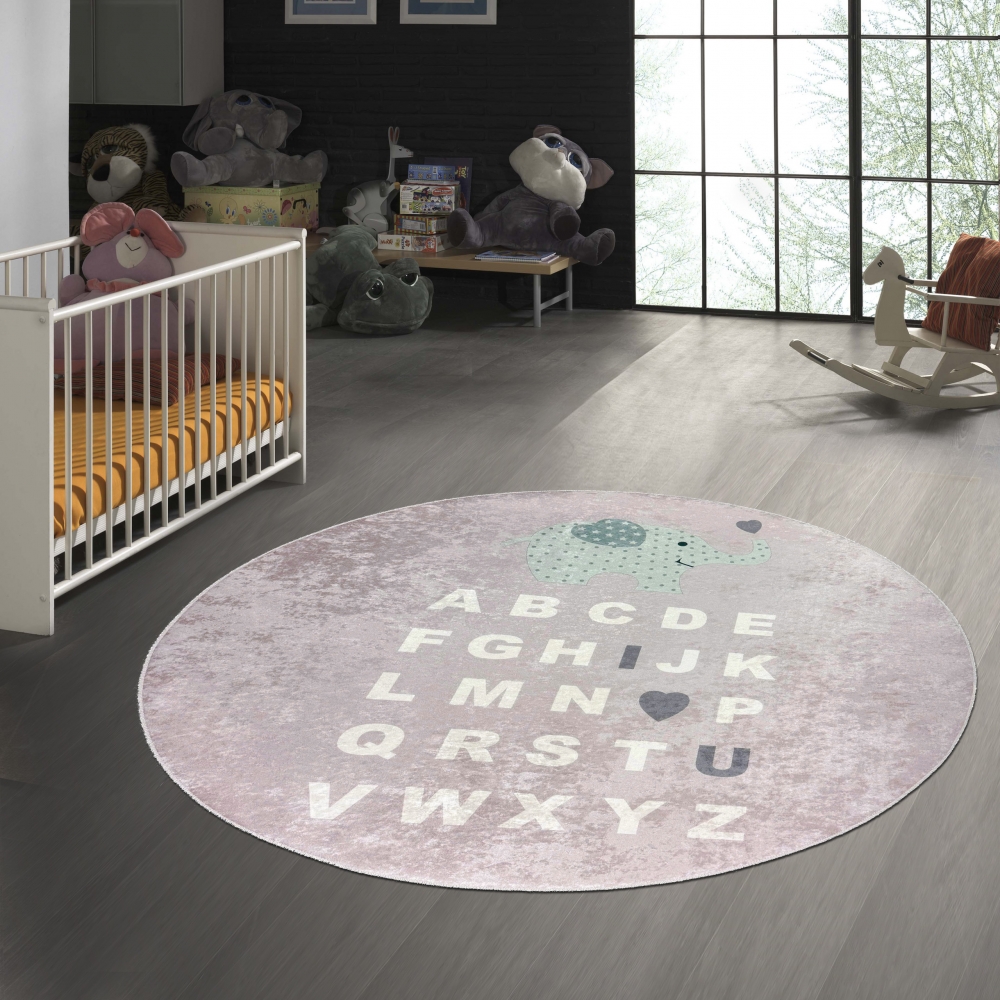 Kinderteppich ABC mit Elefant in Rosa