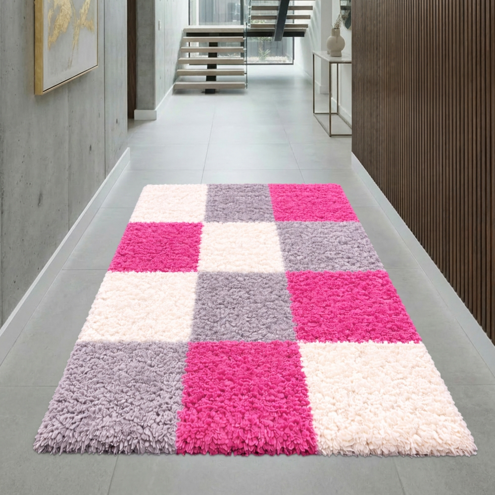 Weicher Shaggy Teppich Mehrfarbig Rosa Grau Creme – moderner Hochflor Teppich