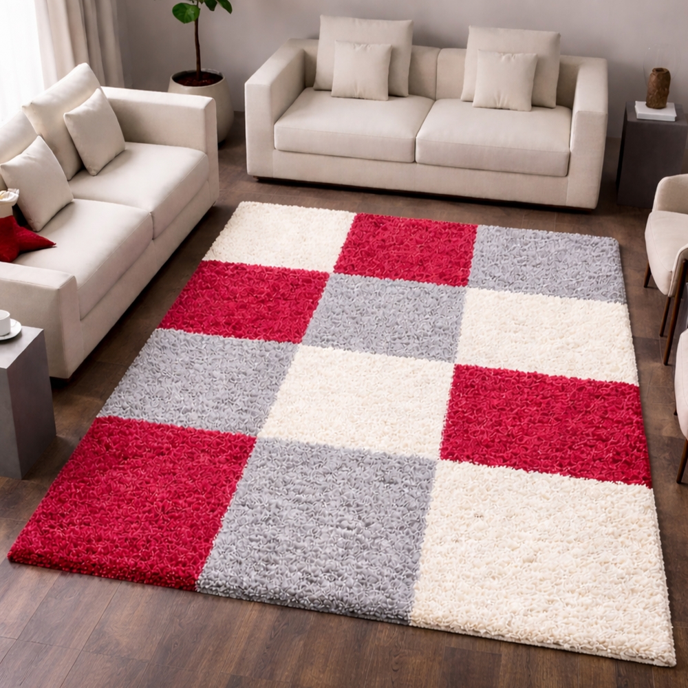 Weicher Shaggy Teppich Mehrfarbig Rot Grau Creme – moderner Hochflor Teppich
