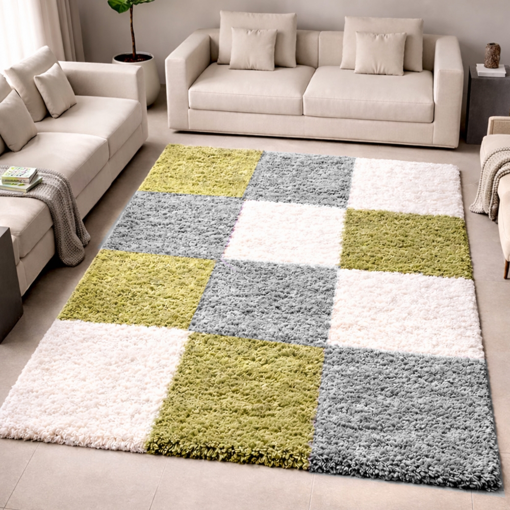 Weicher Shaggy Teppich Mehrfarbig Grün Grau Creme – moderner Hochflor Teppich