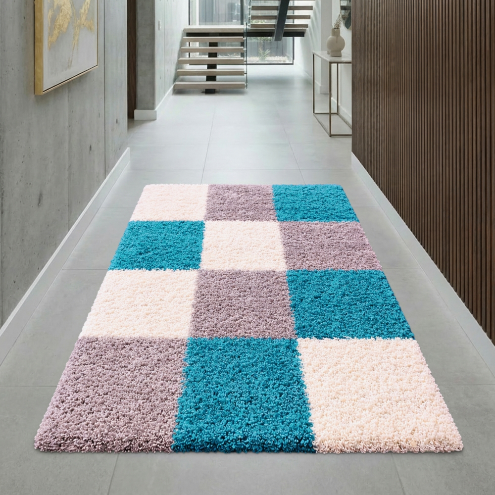 Weicher Shaggy Teppich Mehrfarbig Türkis Grau Creme – moderner Hochflor Teppich