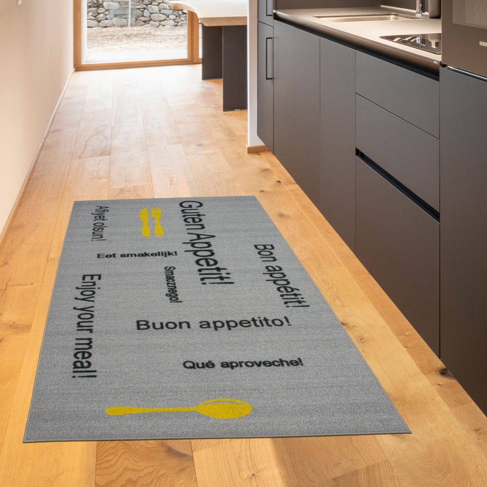 Küchenteppich waschbar mit Schriftzug Guten Appetit in Grau Gelb