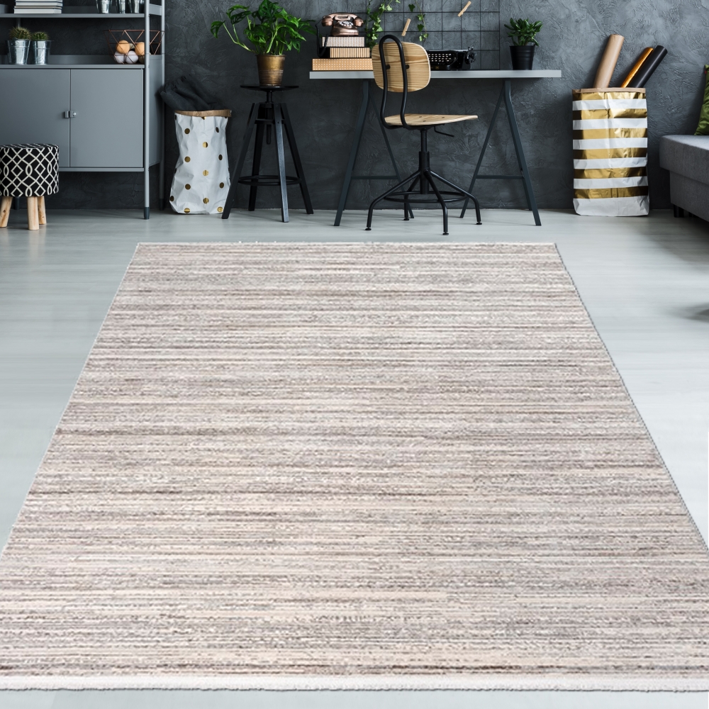 Moderner Teppich für Wohnzimmer mit meliertem Streifenmuster in Beige