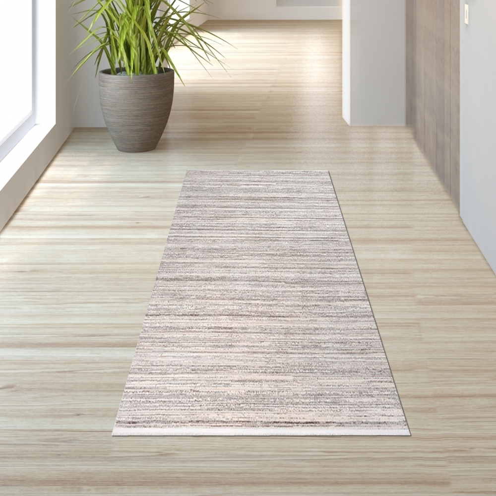 Moderner Teppich für Wohnzimmer mit meliertem Streifenmuster in Beige