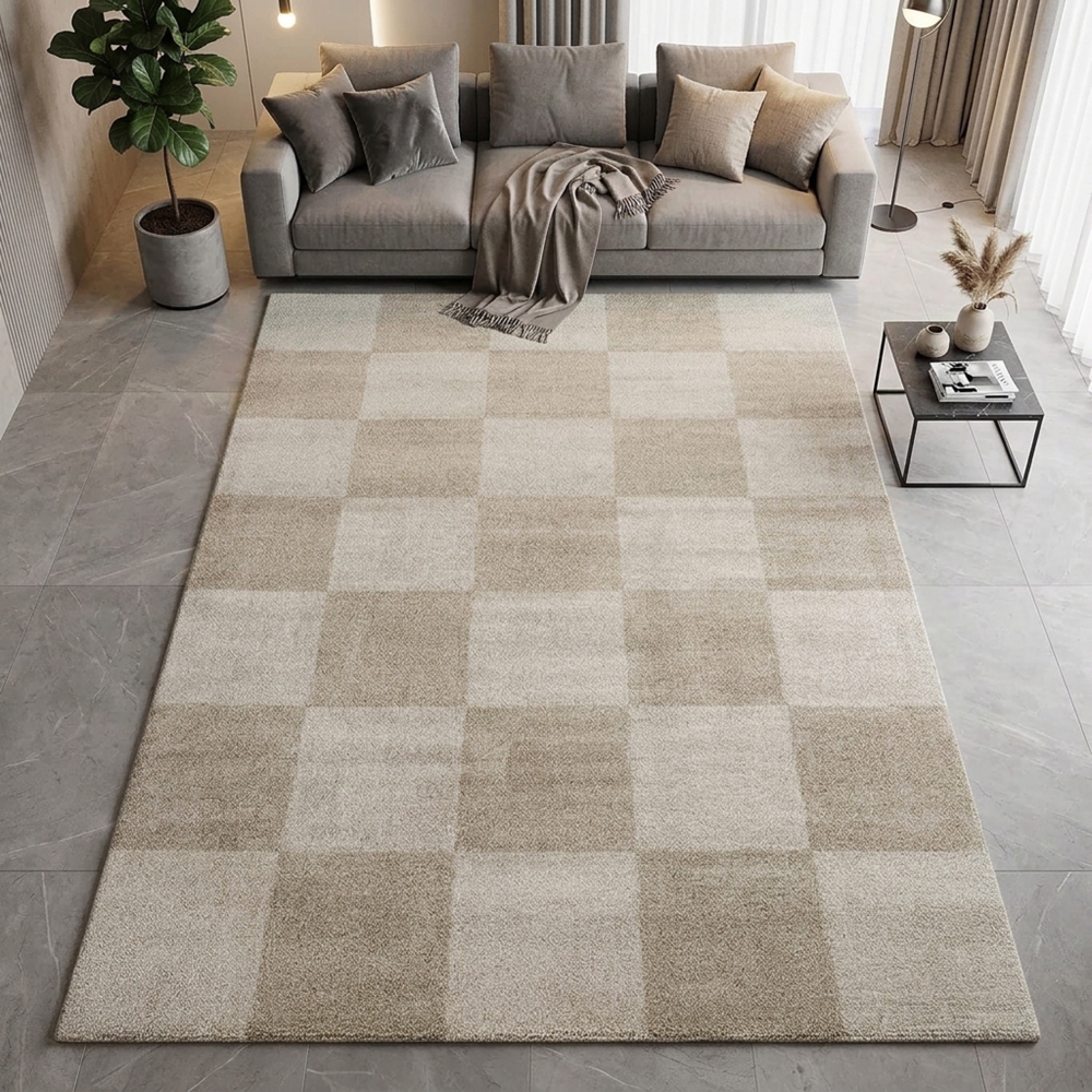 Pflegeleichter Kurzflor Teppich Beige mit dezentem Karomuster