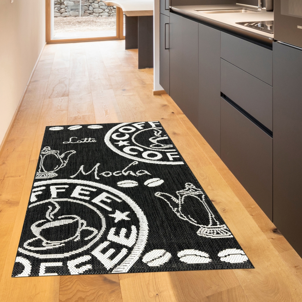 Moderner Küchenteppich Sisal  Küchenläufer flachgewebt Kaffee Espresso schwarz weiß
