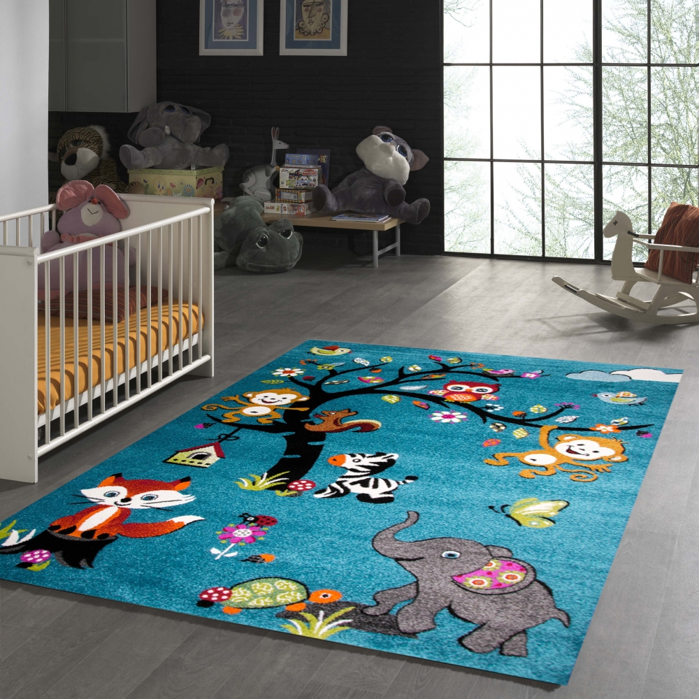 Kinderzimmer Teppich Zootiere in blau