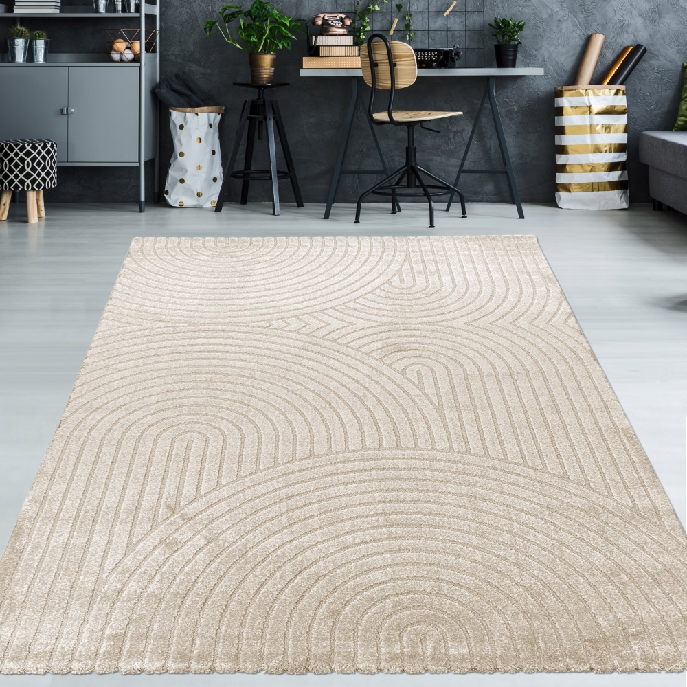 Moderner Teppich mit geometrischem Bogenmuster in stilvollem beige
