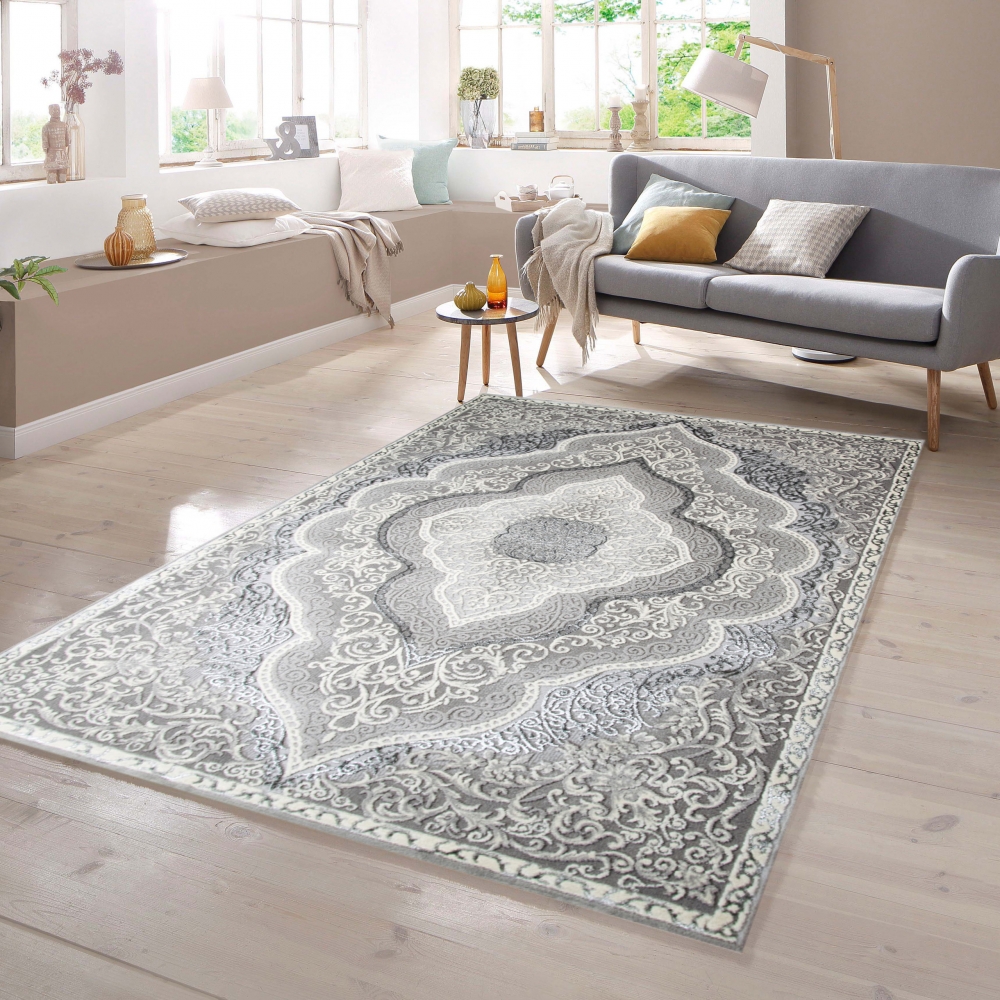 Designer Teppich Orient in Grau Silber Beige