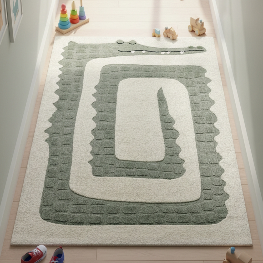Kinderteppich Krokodil Grün Creme pflegeleicht weich robust