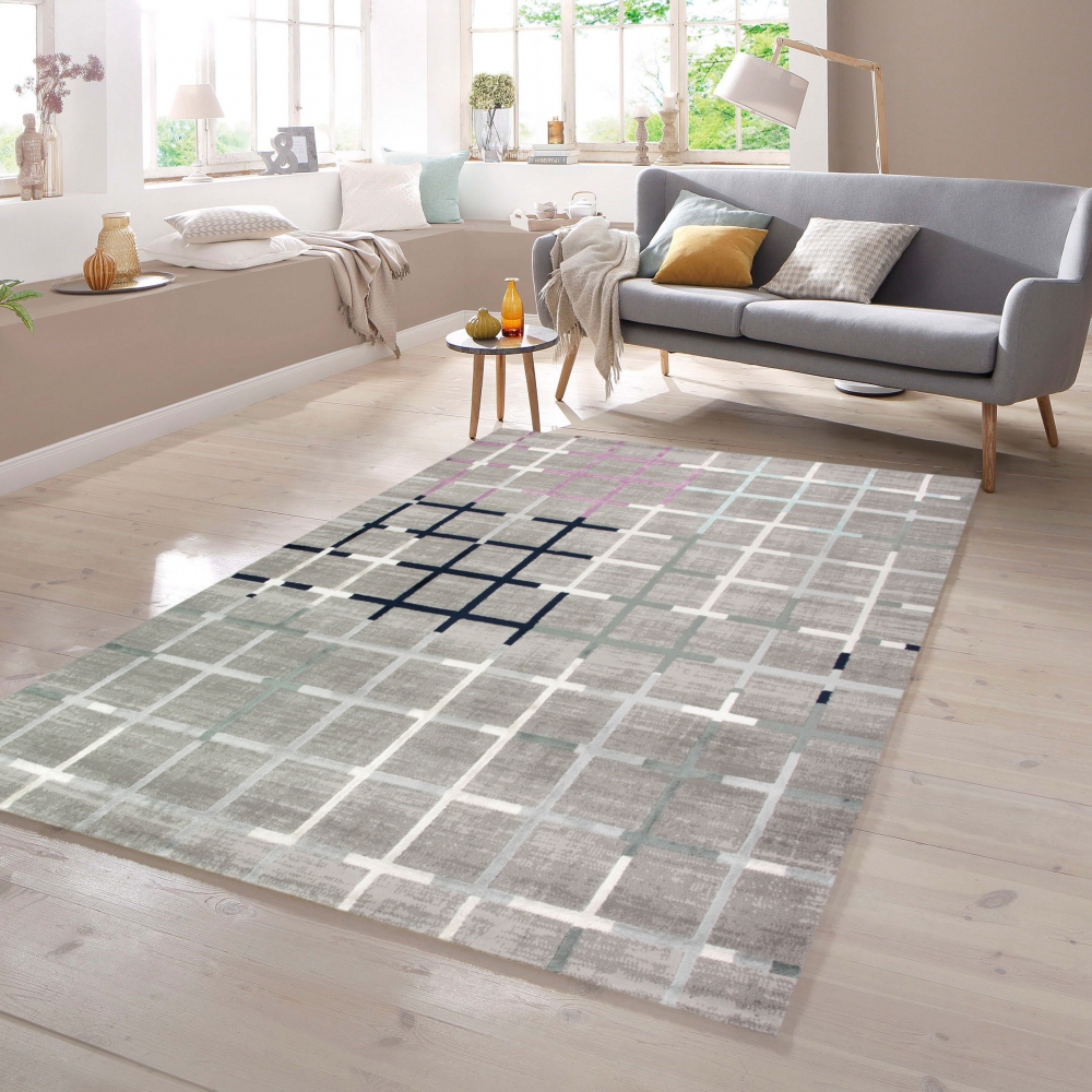Designer Teppich in Grau Lila Blau Türkis