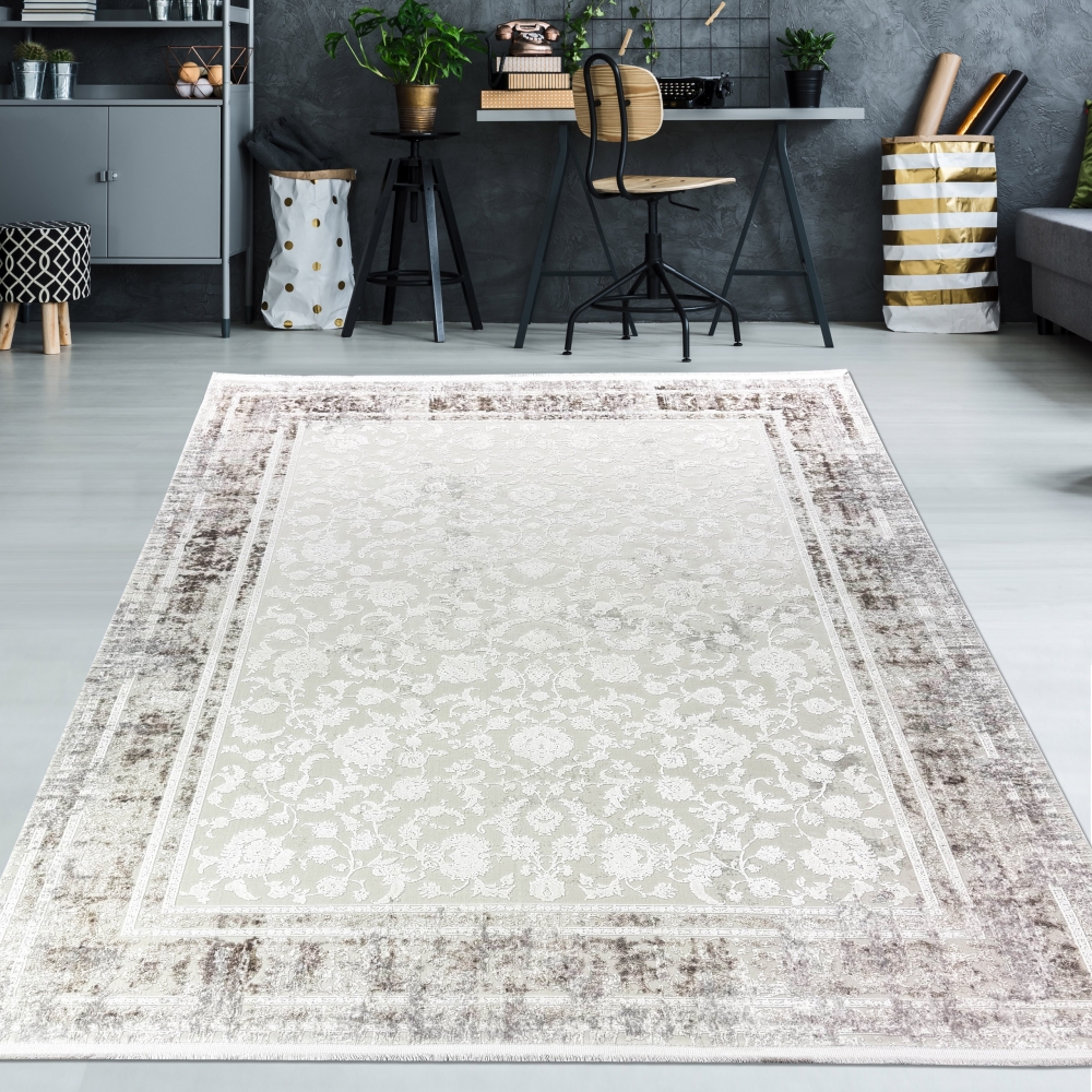 Wollteppich Beige Ornamentmuster Vintage edel Glanzoptik für Schlafzimmer Wohnzimmer