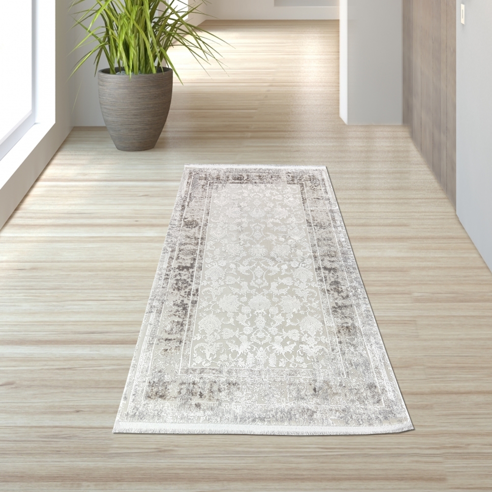 Wollteppich Beige Ornamentmuster Vintage edel Glanzoptik für Schlafzimmer Wohnzimmer