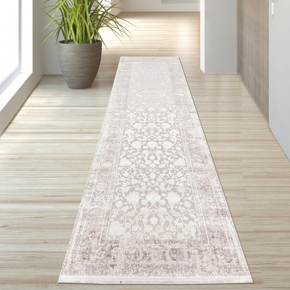 Wollteppich Beige Ornamentmuster Vintage edel Glanzoptik für Schlafzimmer Wohnzimmer