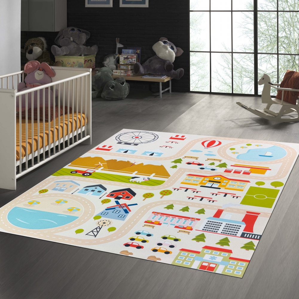 Kinderzimmer Weltkarten-Lernteppich Tiere & Meere in blau