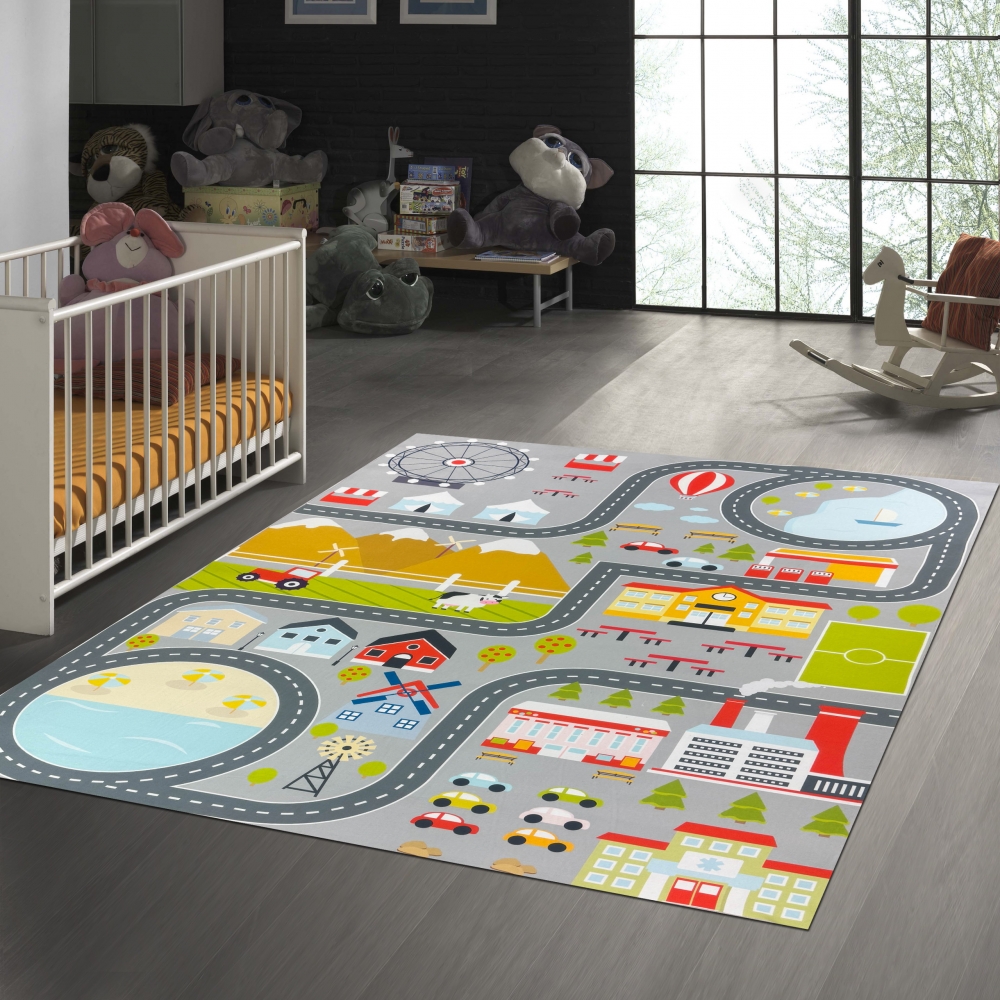Kinderzimmer Weltkarten-Lernteppich Tiere & Meere in blau