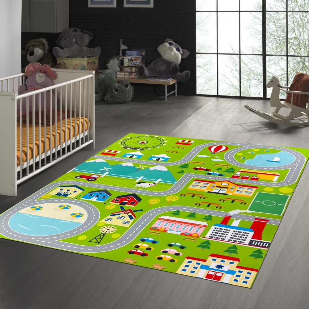 Kinderzimmer Weltkarten-Lernteppich Tiere & Meere in blau