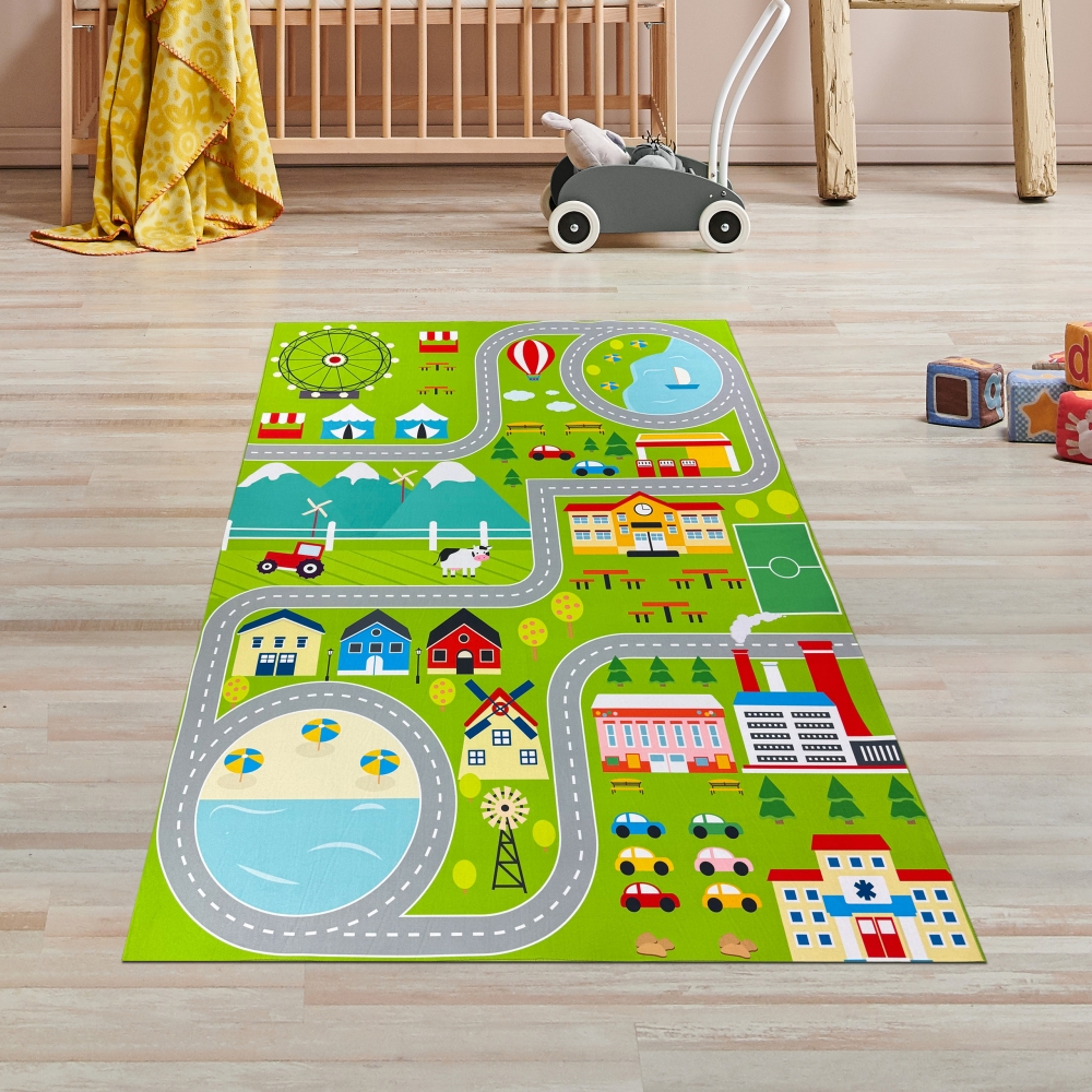 Spielerischer Kinderzimmerteppich mit Städtemuster in Grün
