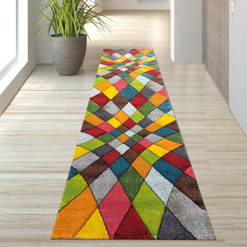Teppich buntes Rautenmuster grün gelb orange