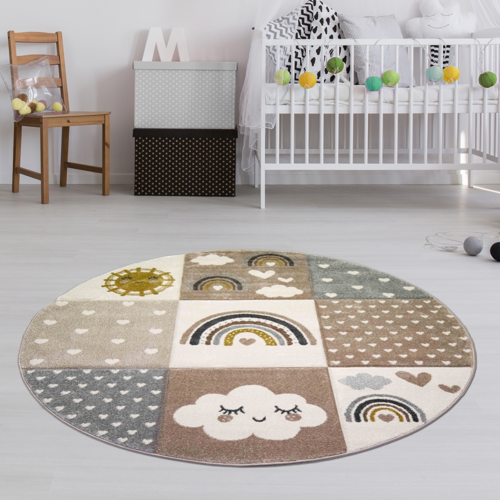Kinderteppich Herzchen Wolken beige grau braun