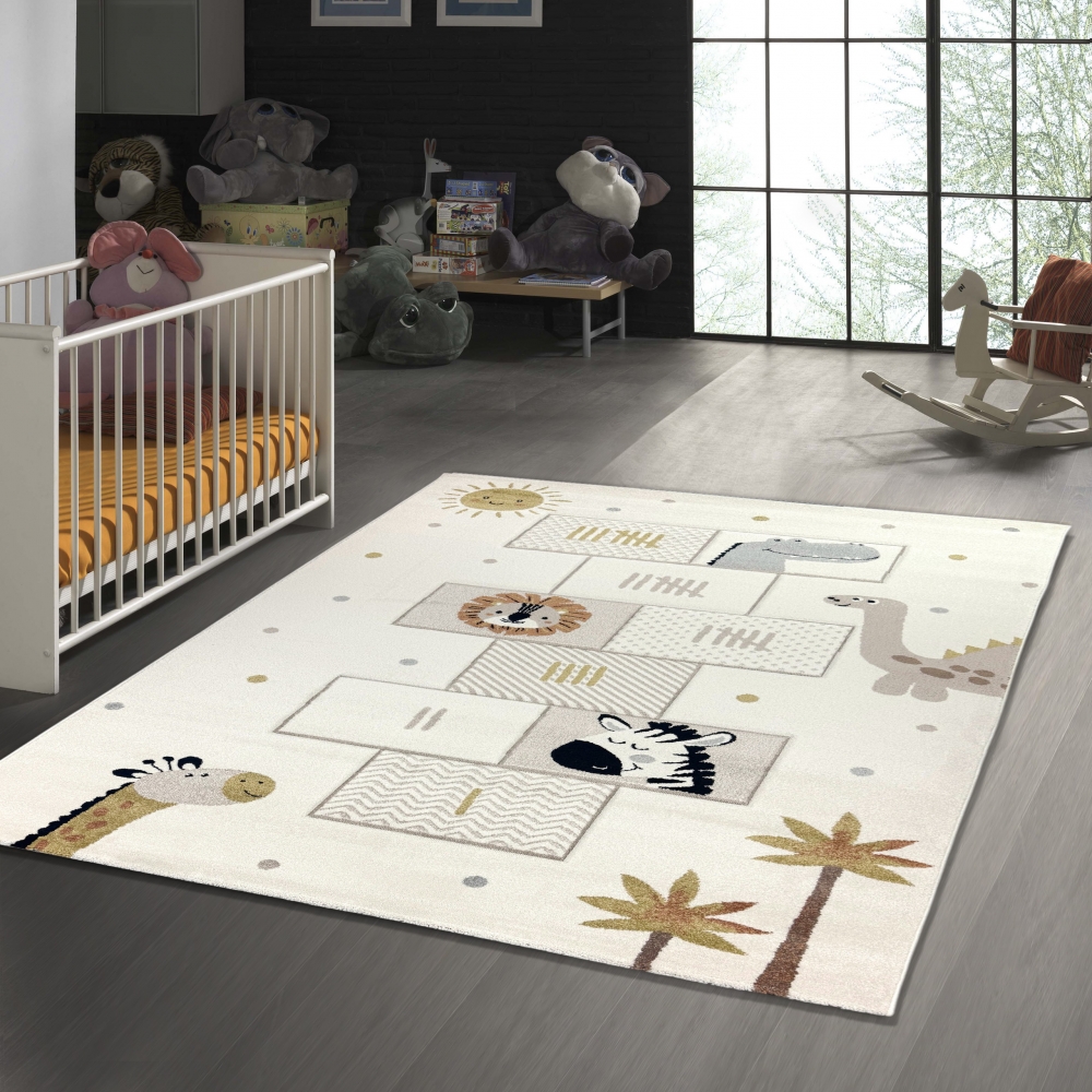 Kinderteppich mit Tieren & Hüpfspiel Weich, Pflegeleicht & Strapazierfähig in creme