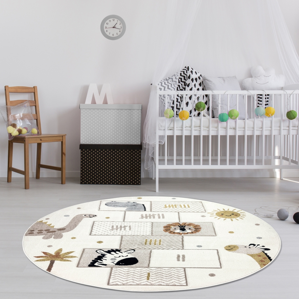 Kinderteppich mit Tieren & Hüpfspiel Weich, Pflegeleicht & Strapazierfähig in creme