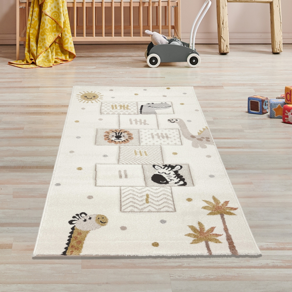 Kinderteppich mit Tieren & Hüpfspiel Weich, Pflegeleicht & Strapazierfähig in creme