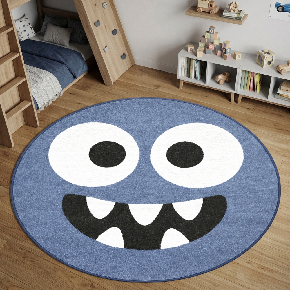 Runder Spielteppich Blau mit Monster Gesicht