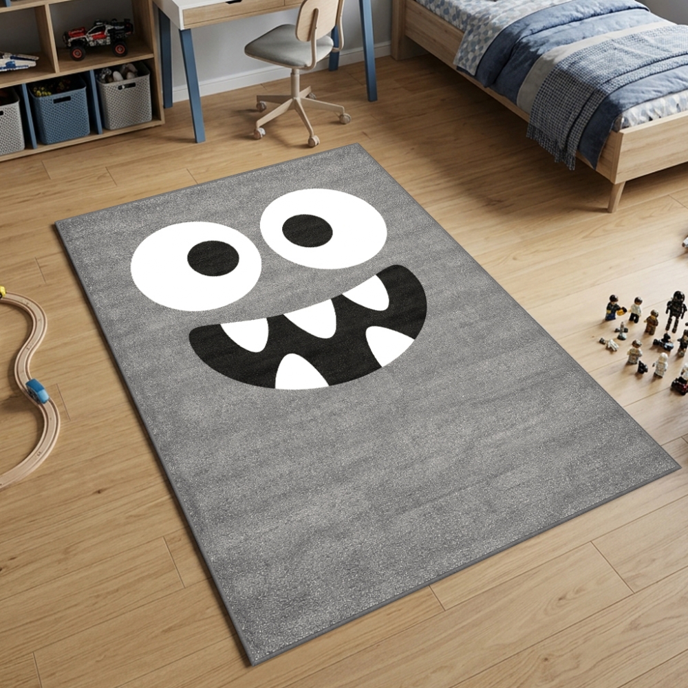 Runder Spielteppich Grau mit Monster Gesicht