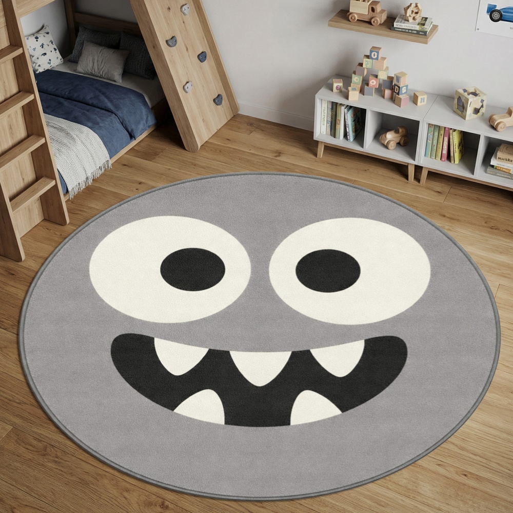 Runder Spielteppich Grau mit Monster Gesicht