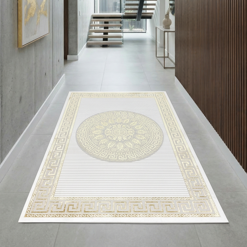 Glänzender Designerteppich mit Orientalischem Muster in weiß-gold