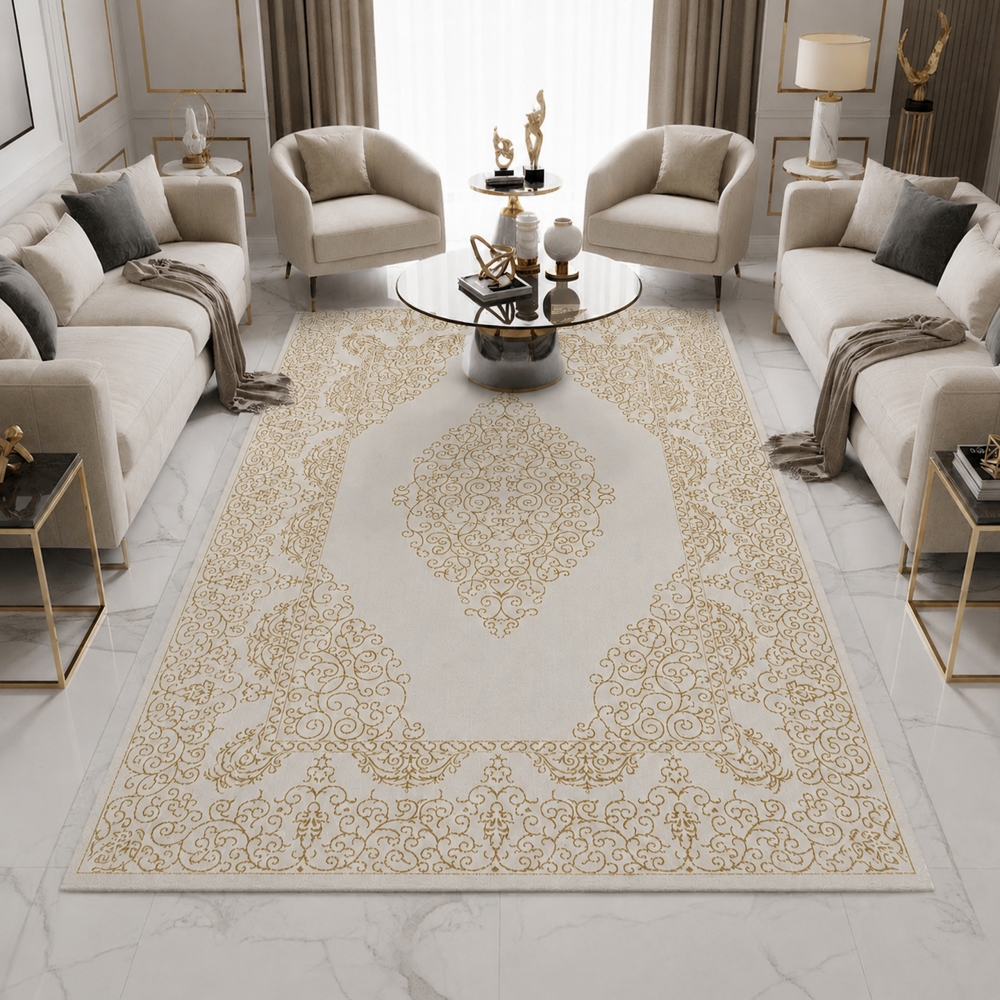 Teppich Creme Gold Muster pflegeleicht