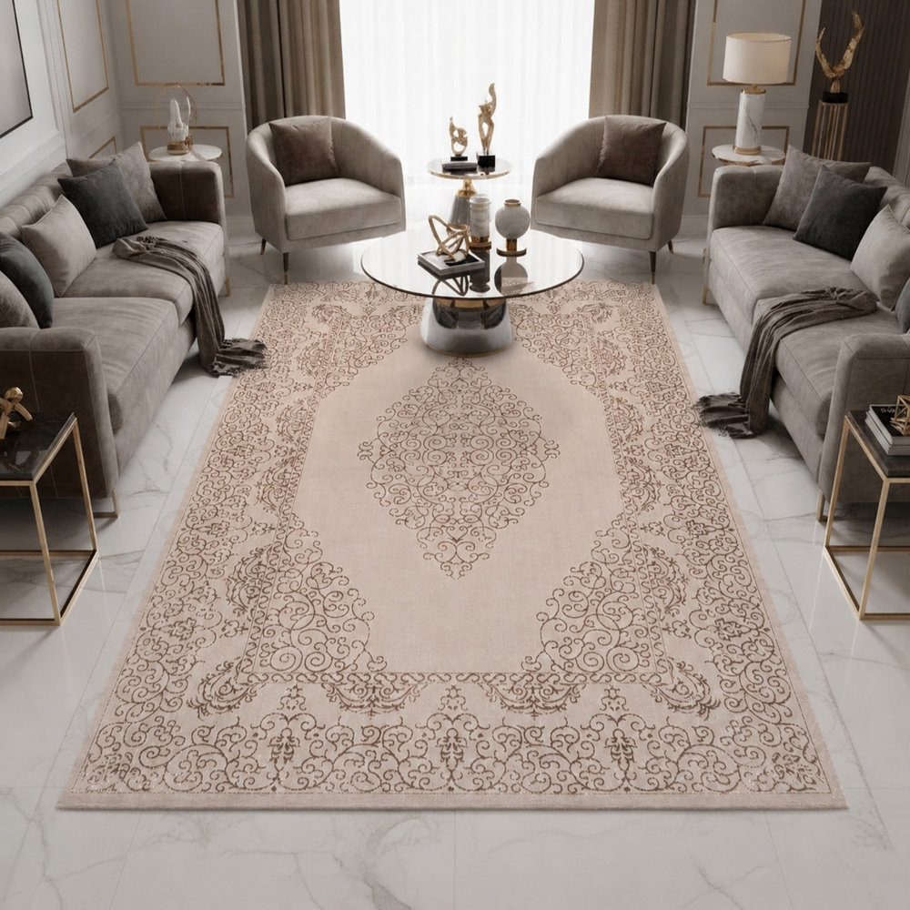 Teppich Beige Ornament Muster pflegeleicht