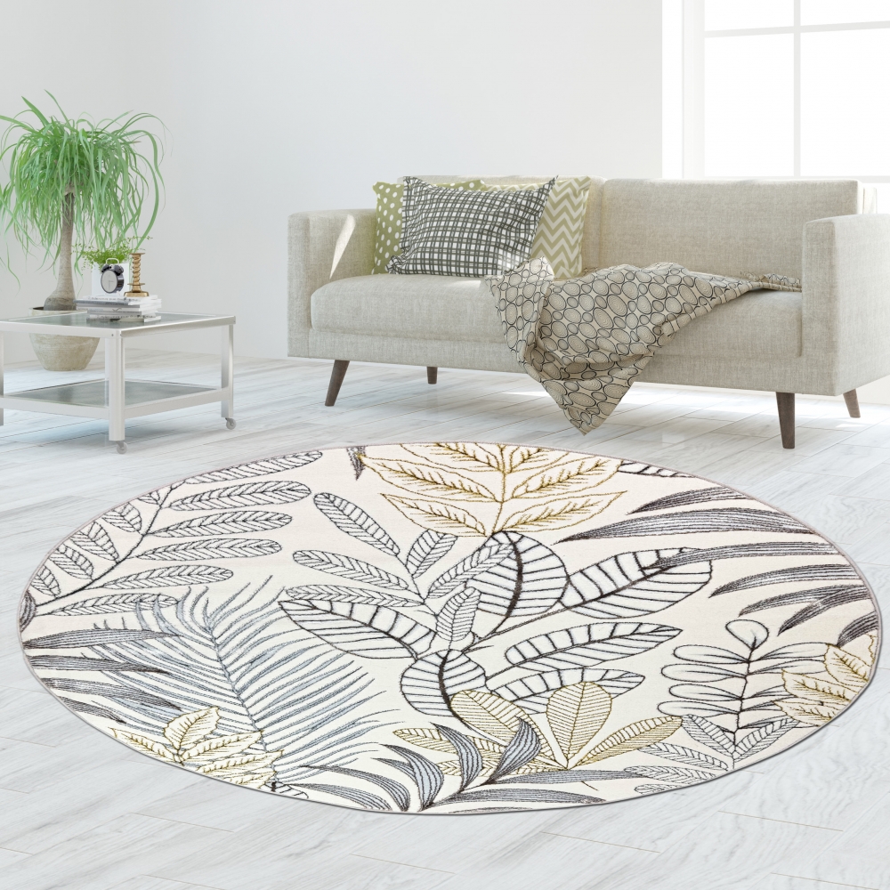 Moderner Wohnteppich mit exotischem Blattdesign in Creme Gold