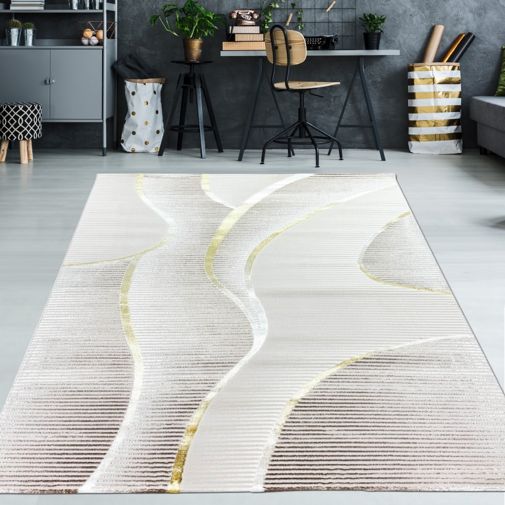Wohnteppich in Creme mit geschwungenem Hoch-Tief-Muster