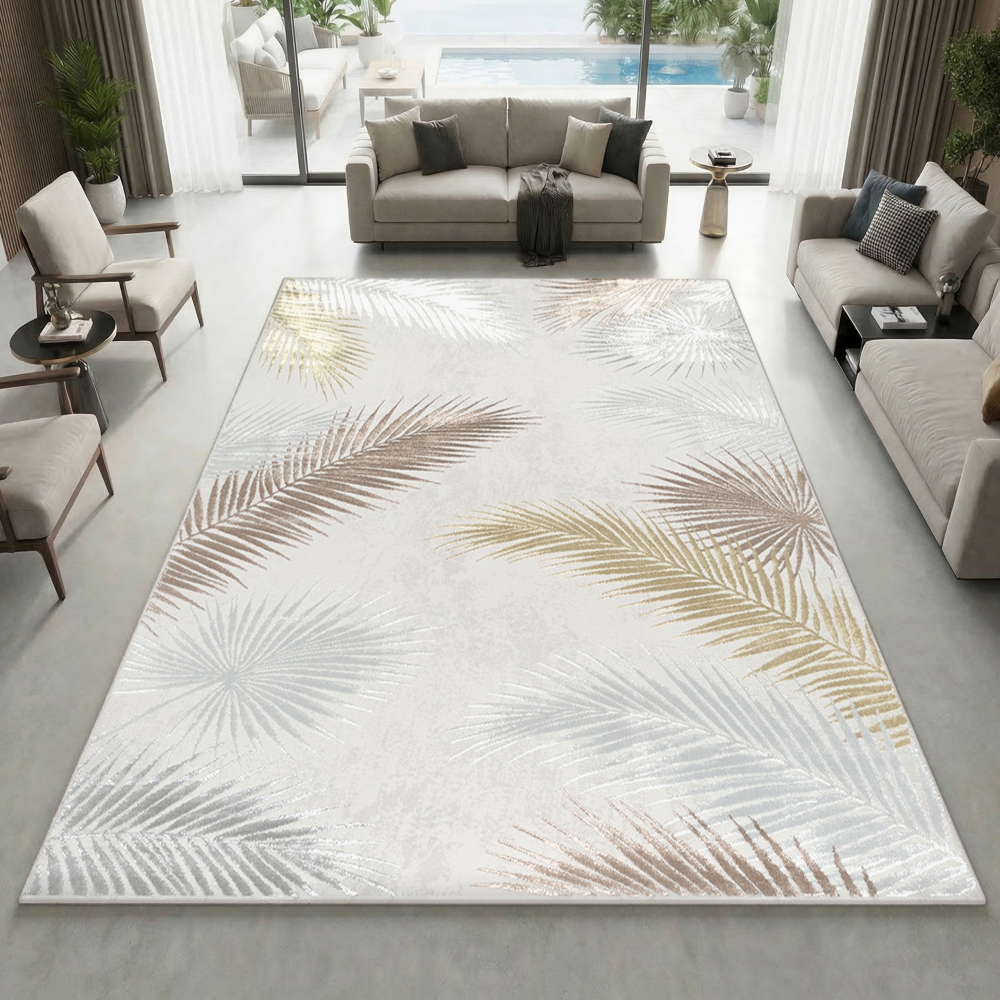 Pflegeleichter Creme Teppich mit Palmblättern und Glanzeffekt