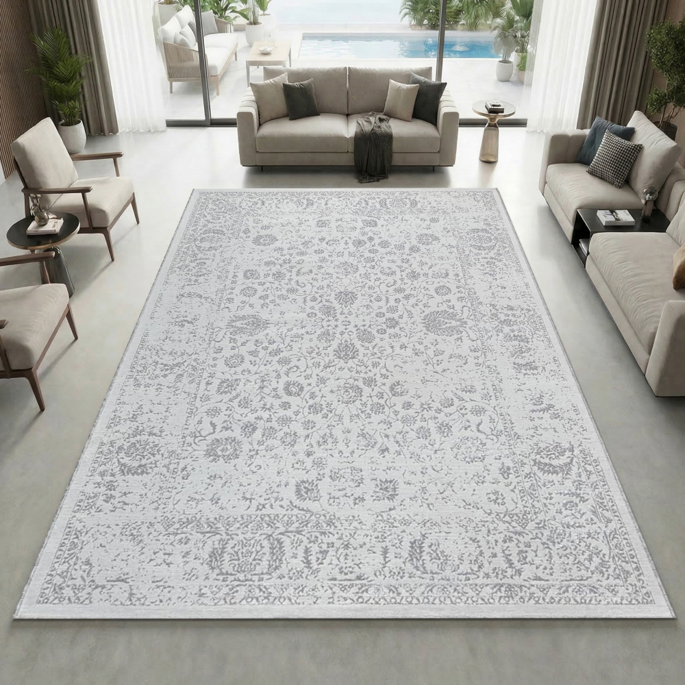 Teppich Grau mit Ornament Muster pflegeleicht