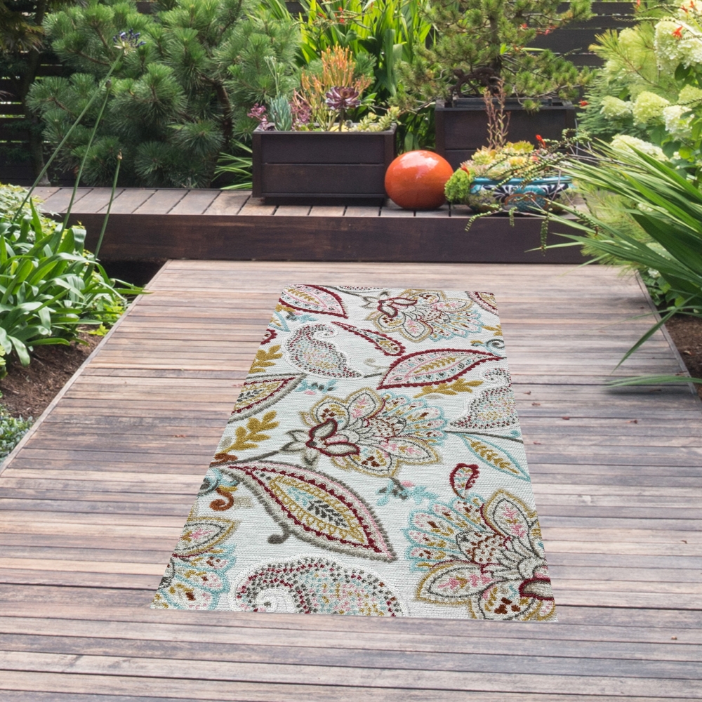 Outdoor Teppich mit Blumen Muster in creme mehrfarbig