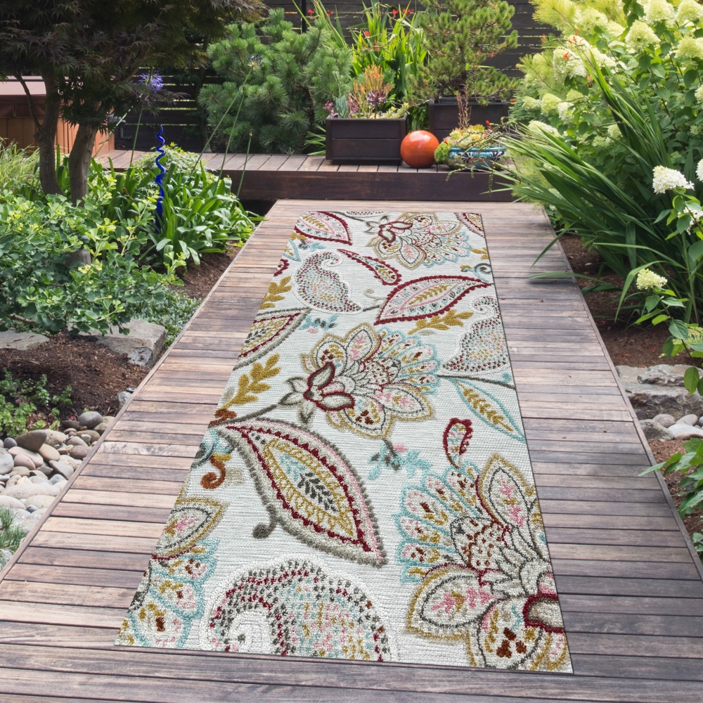 Outdoor Teppich mit Blumen Muster in creme mehrfarbig