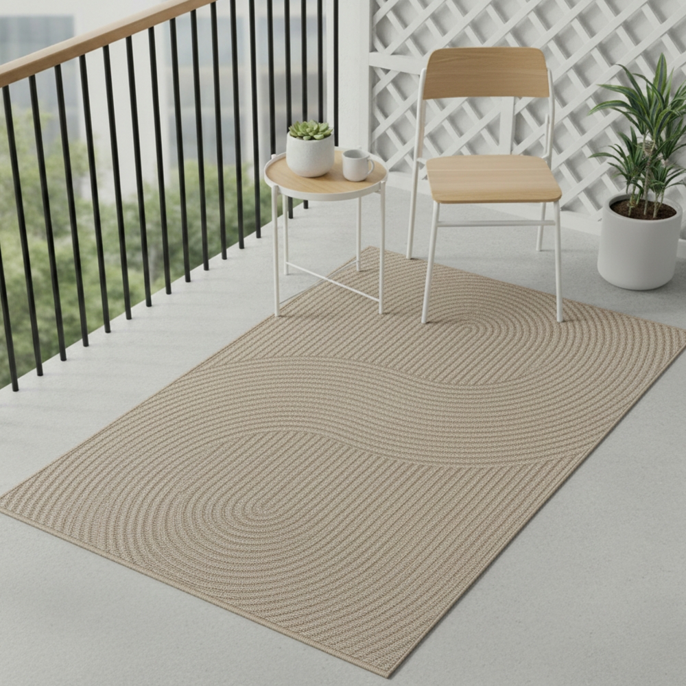 Teppich Outdoor grafisches Linienmuster wetterfest Terrasse Balkon Beige
