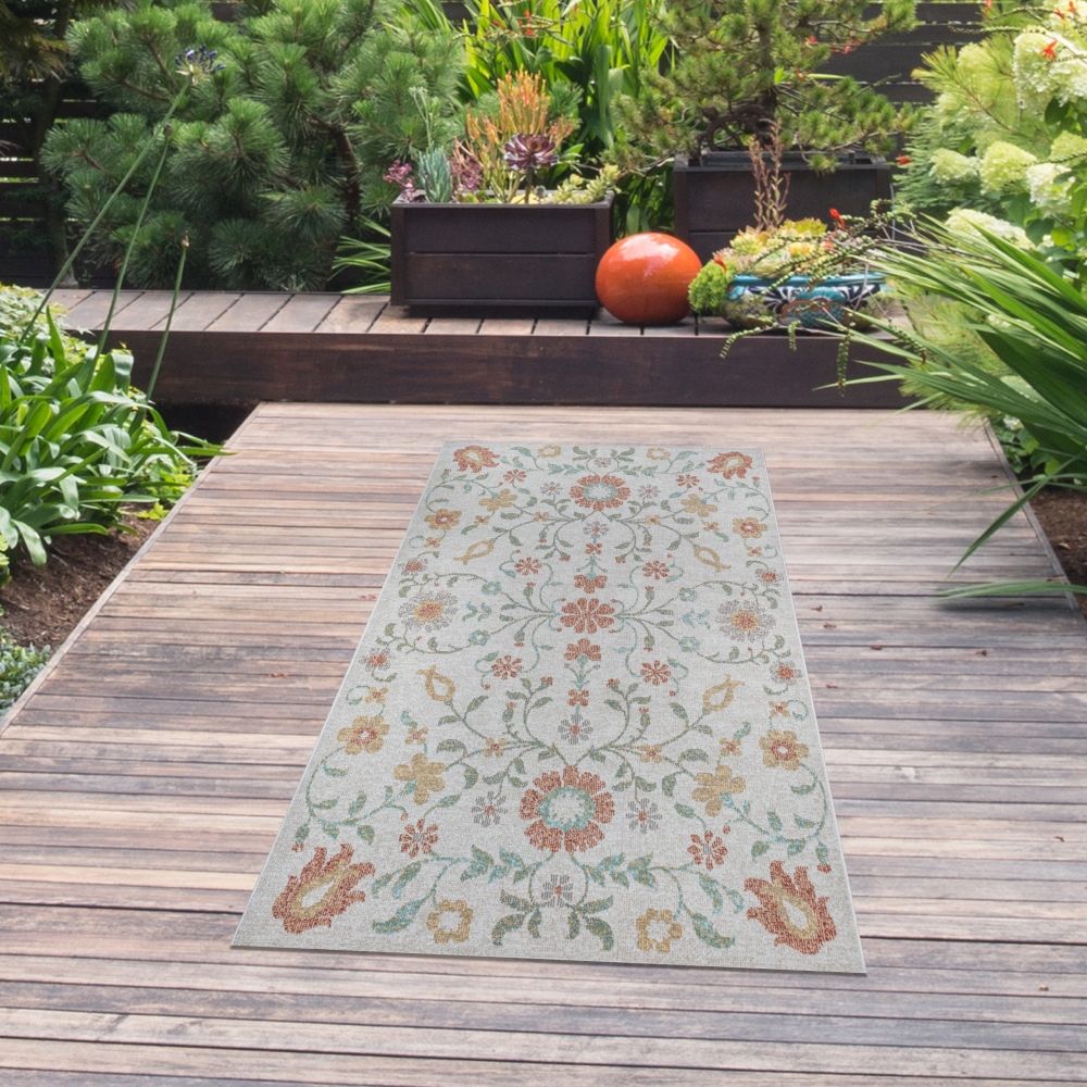 Outdoor-Teppich Blumenmuster Wohnzimmer Terrasse creme, multi