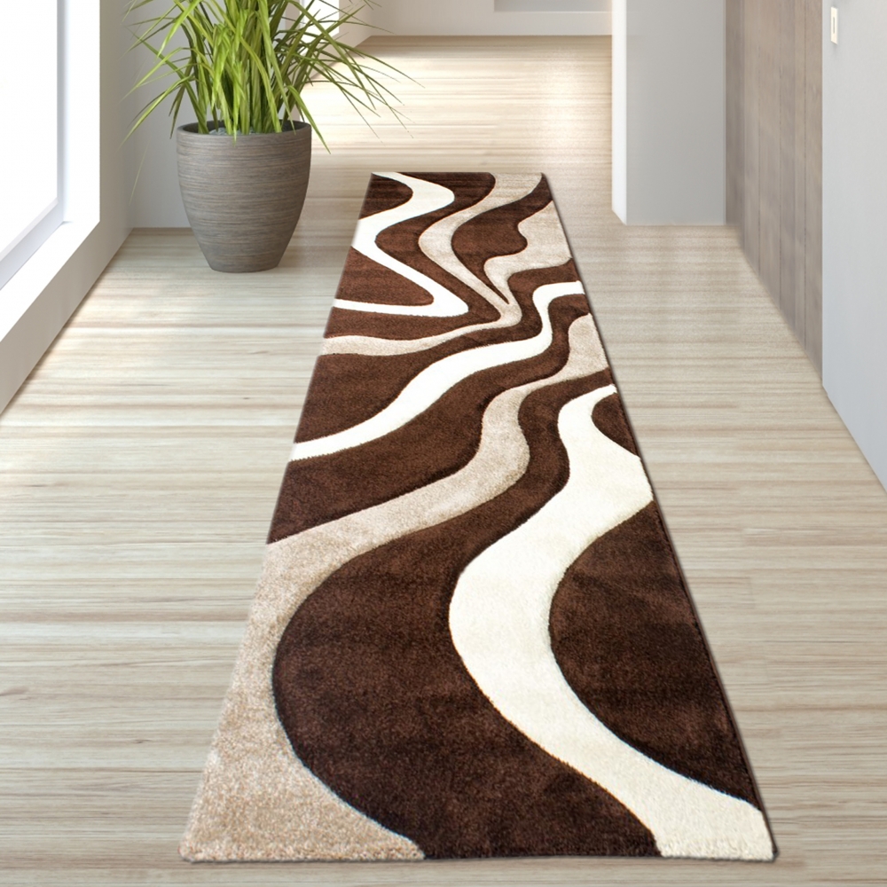 Designer Teppich mit Konturenschnitt Wellenmuster Braun Weiss