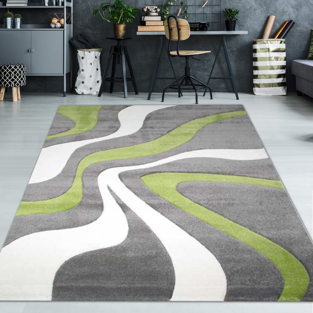Designer Teppich mit Konturenschnitt Wellenmuster Grün Grau Weiss