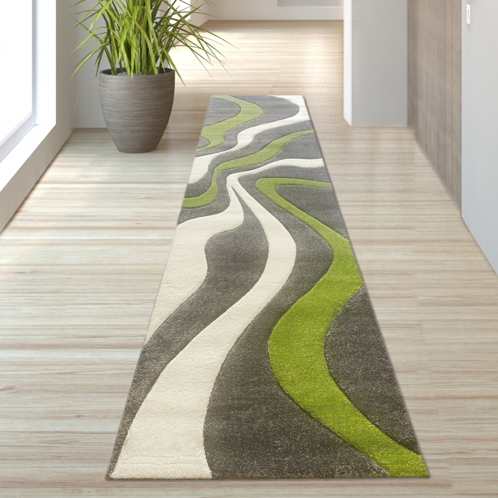Designer Teppich mit Konturenschnitt Wellenmuster Grün Grau Weiss
