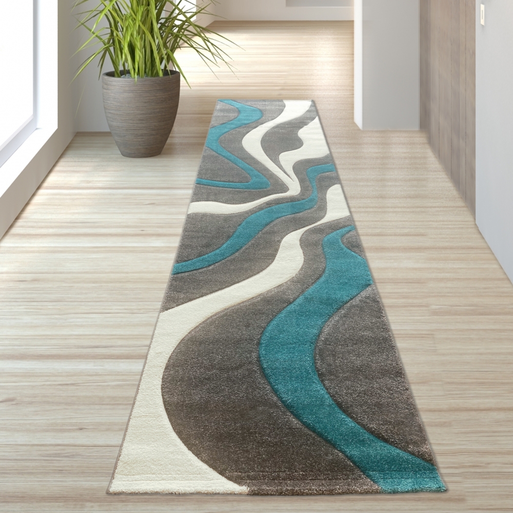 Designer Teppich mit Konturenschnitt Wellenmuster Türkis Grau Weiss
