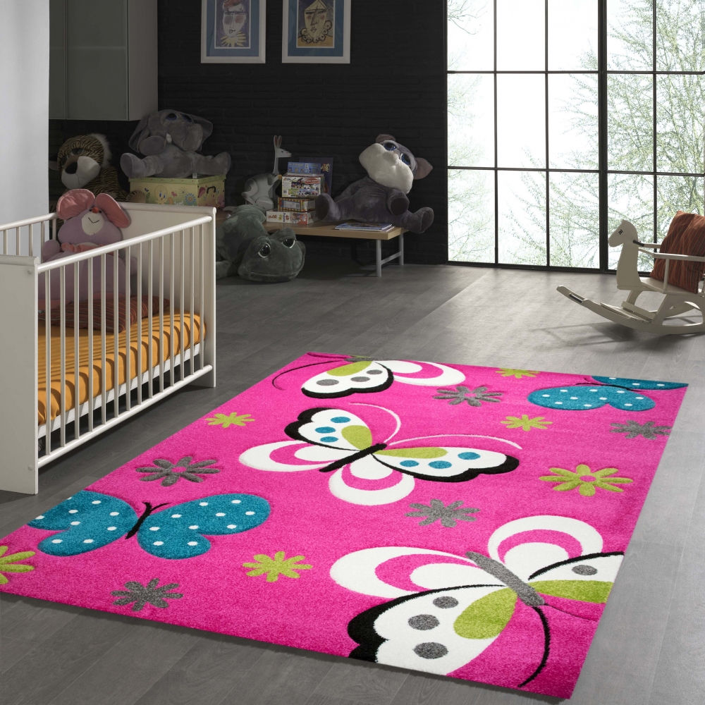 Kinderteppich Schmetterling Design Pink Türkis Grau Grün Creme